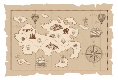 Old treasure map vector sketch. Hand drawn illustrations, vector.