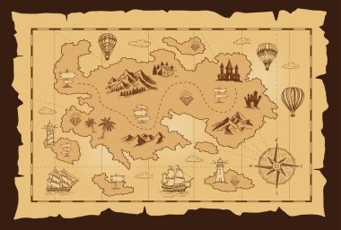 Old treasure map vector sketch. Hand drawn illustrations, vector.