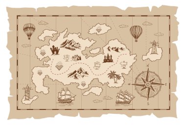 Old treasure map vector sketch. Hand drawn illustrations, vector.