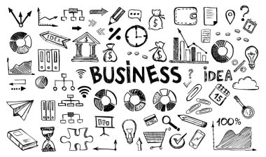 Doodle tasarım tarzında yönetim konsepti. El çizimi iş simgeleri.