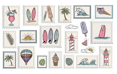 Yaz simgesi seti, el çizimi illüstrasyon.