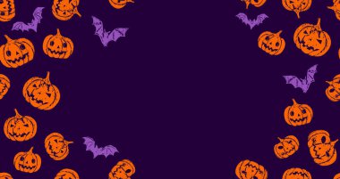 Cadılar Bayramı, mor arka plandaki yarasa el çizimi desen.