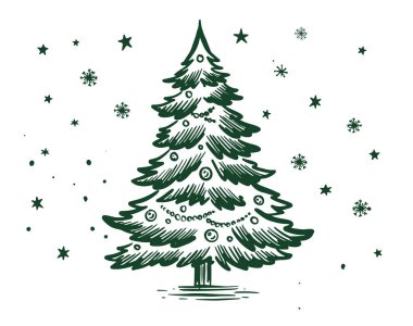Karlı Noel ağacı, el çizimi illüstrasyon