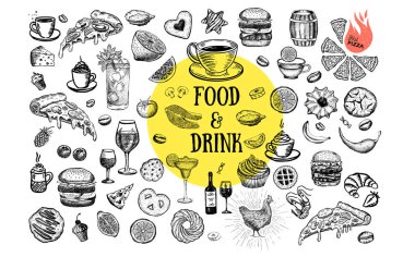 Yiyecek ve içecek beyaza ayarlandı, el çizimi.