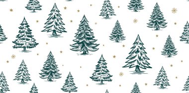 Beyaz üzerine siyah ağaç desenli Noel deseni, el çizimleri çizimleri