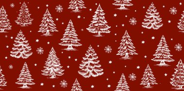 Kırmızı üzerine ağaç çizilmiş Noel deseni, el çizimleri
