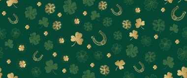 Patricks Günü, yeşilde altın yonca deseni. El çizimi çizimleri