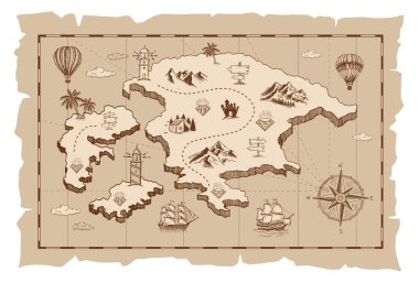 Beyaz üzerinde eski bir korsan hazine haritası. El çizimi çizimler.