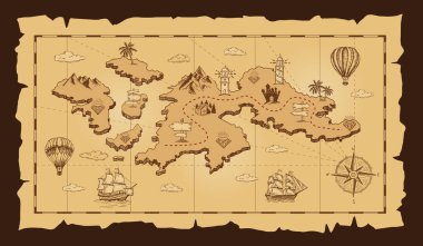 Beyaz üzerinde eski bir korsan hazine haritası. El çizimi çizimler.