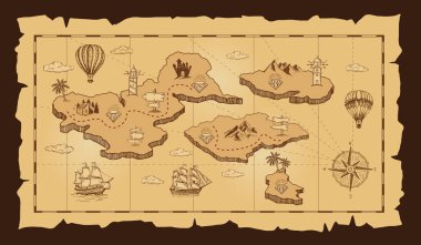 Beyaz üzerinde eski bir korsan hazine haritası. El çizimi çizimler.