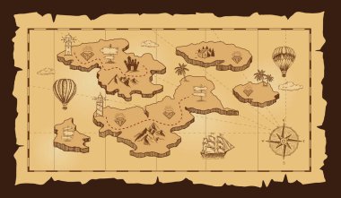 Beyaz üzerinde eski bir korsan hazine haritası. El çizimi çizimler.