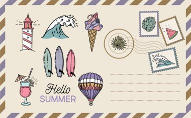 Merhaba yaz, sörf, el sallama, kart, kartpostal, posta, el çizimleri.