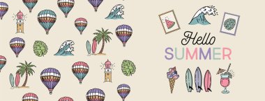 Merhaba Summer, balonlu şablon, sörf tahtası ve dalga, el çizimi illüstrasyon..
