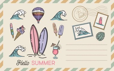 Merhaba yaz, sörf, el sallama, kart, kartpostal, posta, el çizimleri.