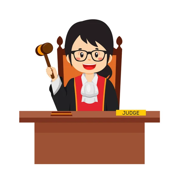 Juez Personaje Sentado Escritorio Con Martillo Dibujos Animados Gráficos Vectoriales