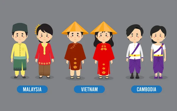 Σύνολο Ασιατικών Ανθρώπων Που Φορούν Παραδοσιακή Στολή — Διανυσματικό Αρχείο