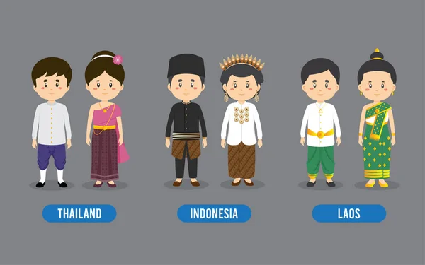 伝統的な衣装を着たアジアの人々のセット — ストックベクタ