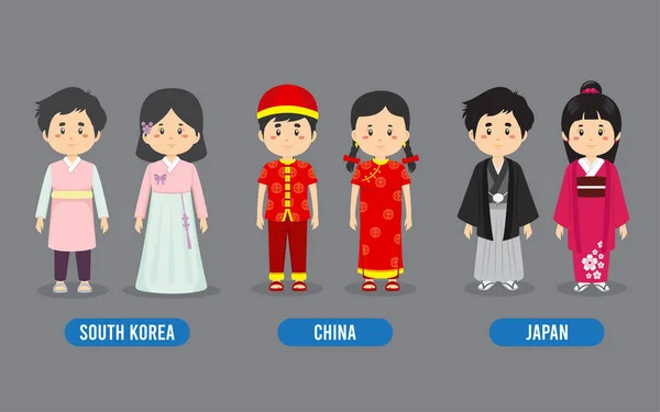 Σύνολο Ασιατικών Ανθρώπων Που Φορούν Παραδοσιακή Στολή — Διανυσματικό Αρχείο