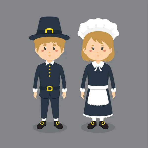 Couple Character Wearing Thanksgiving Outfit — Stock Vector