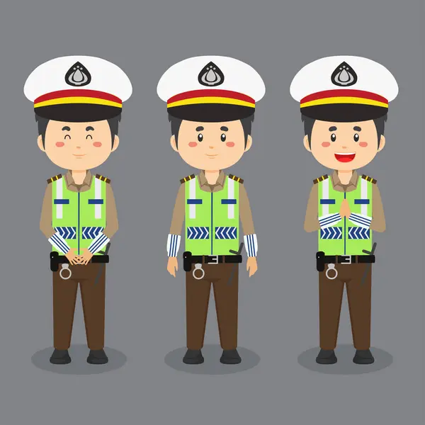 各种表达方式的印度尼西亚交通警察特征 — 图库矢量图片