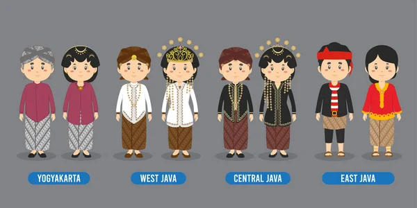Character Different Indonesian Traditional Costumes — Vetor de Stock