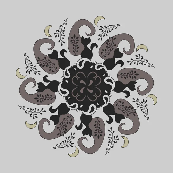 Muster Katze Mandala Mit Mond Und Lavendel Vektorillustration — Stockvektor