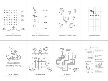 Deniz temalı yedi oyun seti. Oyun ve çocuklar için boyama sayfası. Fransızca konuş. Vektör çizimi. Set No. 2.