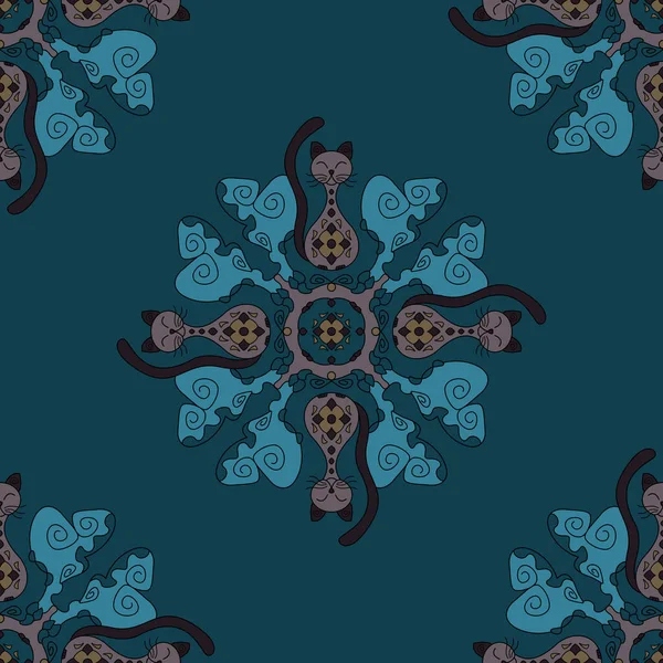 Modèle Sans Couture Mandala Chat Charmant Couleurs Bleu Turquoise Marron — Image vectorielle