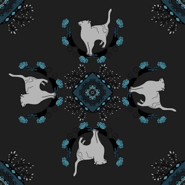 Kusursuz desen. Mandala. Şirin Kedi. Koyu gri ve turkuaz mavisi. Vektör illüstrasyonu.