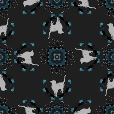 Kusursuz desen. Mandala. Şirin Kedi. Koyu gri ve turkuaz mavisi. Vektör illüstrasyonu.