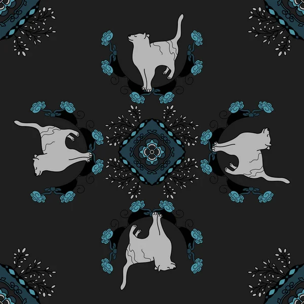Kusursuz desen. Mandala. Şirin Kedi. Koyu gri ve turkuaz mavisi. Vektör illüstrasyonu.