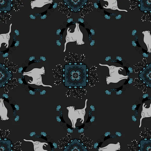 Kusursuz desen. Mandala. Şirin Kedi. Koyu gri ve turkuaz mavisi. Vektör illüstrasyonu.