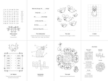 Yedi oyun seti. Kediler teması. İngilizce konuş. Set No. 1.