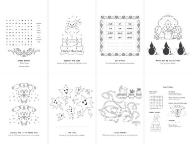 Yedi oyun seti. Noel teması. Oyun ve çocuklar için boyama sayfası. İngilizce konuş. Vektör çizimi. Set No. 3.