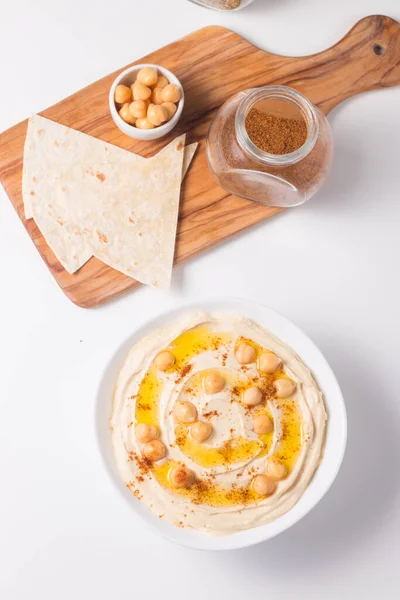 Hummus Plato Con Garbanzos Pimentón Ahumado Aceite Oliva — Foto de Stock