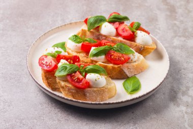 Domates, fesleğen ve mozzarella peyniri taze Caprese Bruschetta. İtalyan mezesi, sebzeli pandispanya ızgara ciabatta ve baget ekmekli yağ. Sandviç aç.