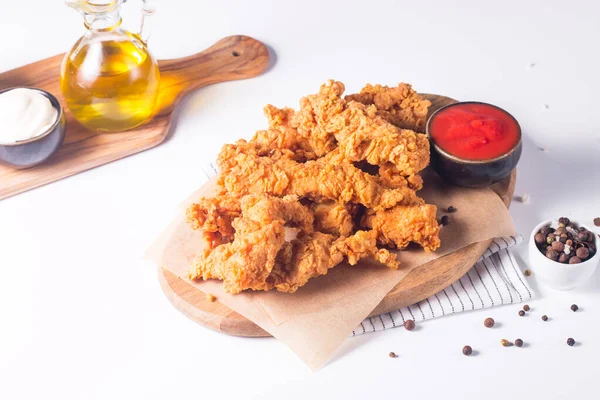 Crispy Fried Chicken Breast Strips Sauce — Stock Photo, Image