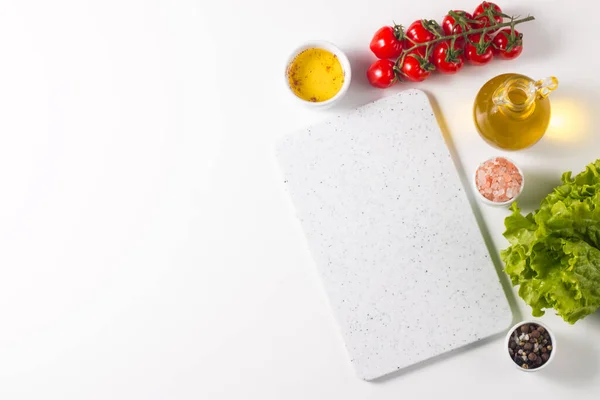 stock image Wooden board food background. Ingredients for cooking on table. Banner. Layout.