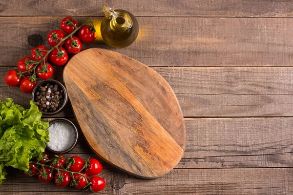 stock image Wooden board food background. Ingredients for cooking on table. Banner. Layout.