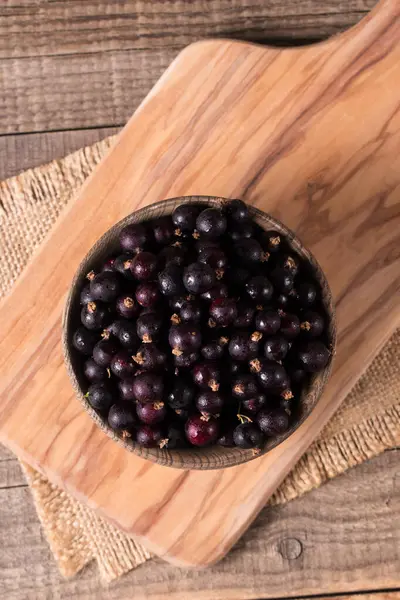Black Currant Bowl Wooden Background Organic Berries Stock Image