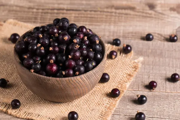 Black Currant Bowl Wooden Background Organic Berries Royalty Free Stock Photos