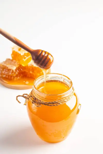Honey Dripping Wooden Honey Dipper White Background Healthy Organic Food Fotografia Stock