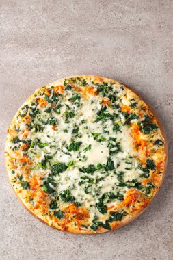 Ispanak, roka, pesto, peynir ve parmesanlı vejetaryen pizza. İtalyan mutfağı. 