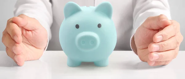 Man Hand Put Coin Money Piggy Bank Saving Deposit Money — Stock Photo, Image