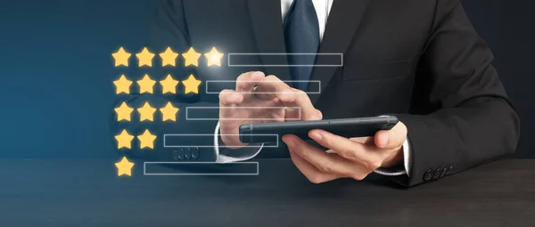 Man Holding Smartphone Device Touching Screen Five Star Rating Feedback — Stock Photo, Image