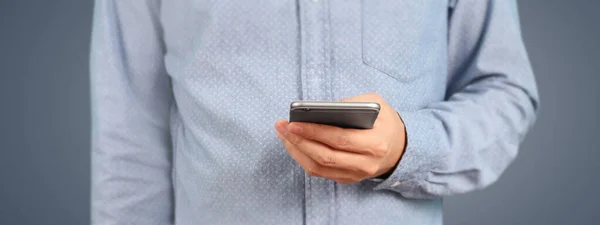 Man Holding Smartphone Device Touching Screen — Stock Photo, Image