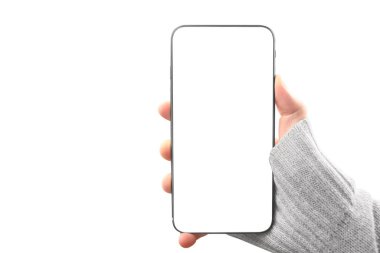 Hand holding smartphone device touching screen