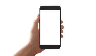 Hand holding smartphone device touching screen