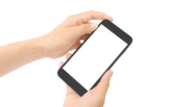 Hand holding smartphone device touching screen