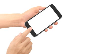 Hand holding smartphone device touching screen